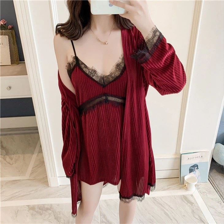 Ladies Velvet Lace Sexy Nightwear Women Home Wear Pajamas Set