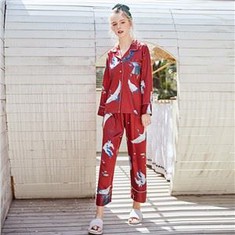 Women Long Sleeve Cardigan Silk Animal Print Pyjamas Set