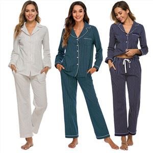 Women Long Sleeve Comfortable Dot Striped Sleepwear Pajamas Set