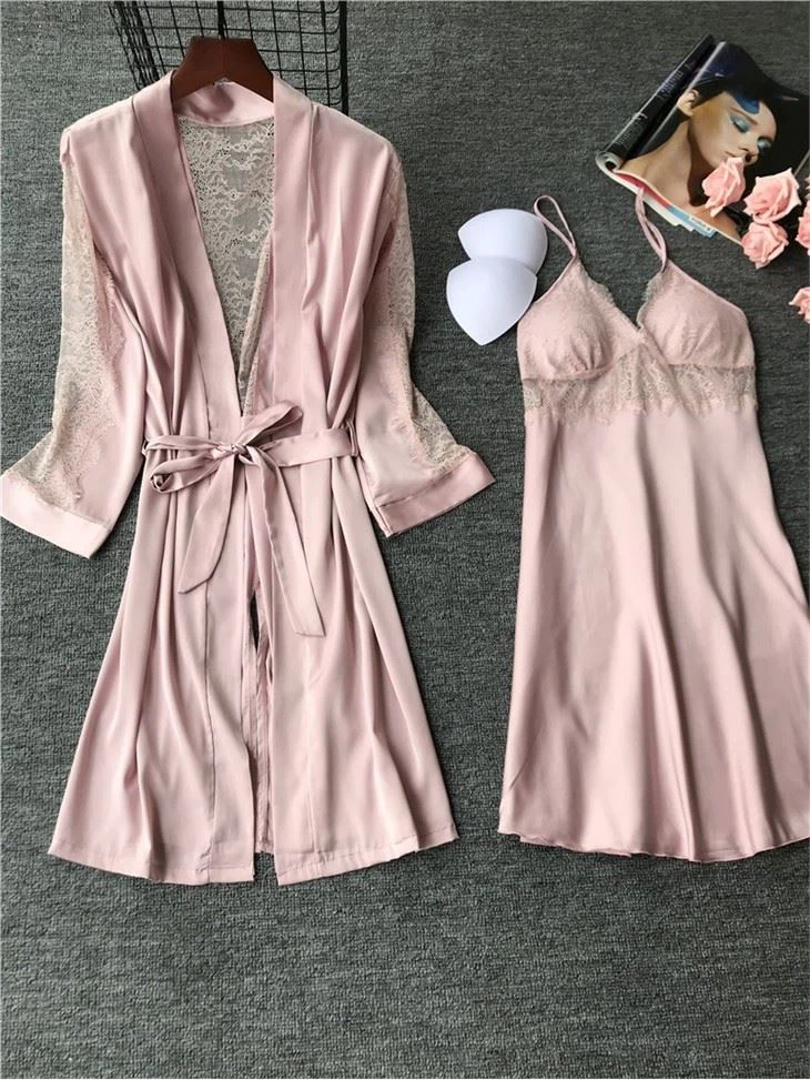 Women Iced Silk Lace Sexy Nightwear Set