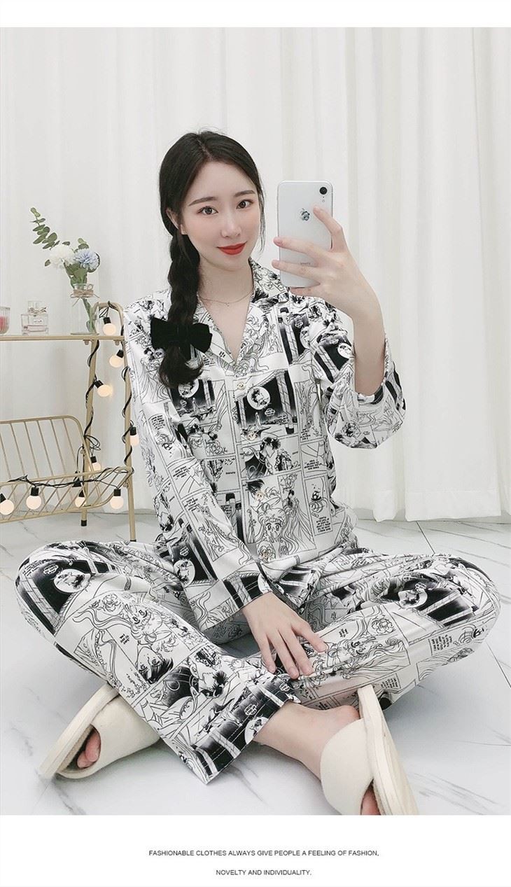 Women Long Sleeve Cardigan Velvet Printed Pajamas Set
