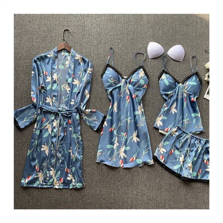 Women Silk Floral Print Sexy Night Dress Gown Set
