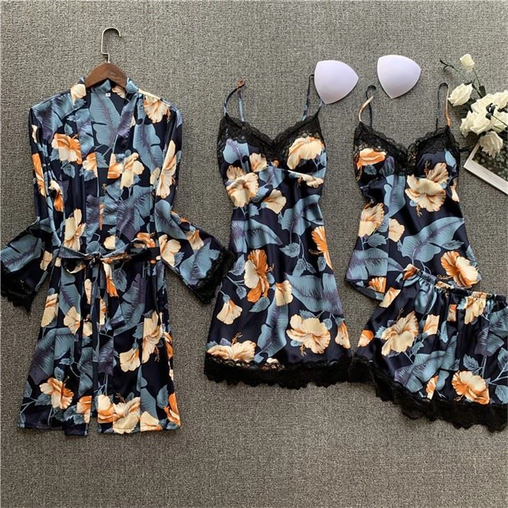 Women Sillk Floral Print Sexy Night Wear Set