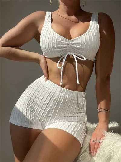 Women 2 Piece Textured Fabric Swimsuit