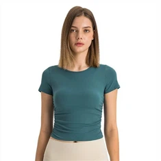 Women's Ribbed Micro-Pleated Waist-Cinching Cropped Sports Short-Sleeve High-Stretch Slim-Fit Yoga Top