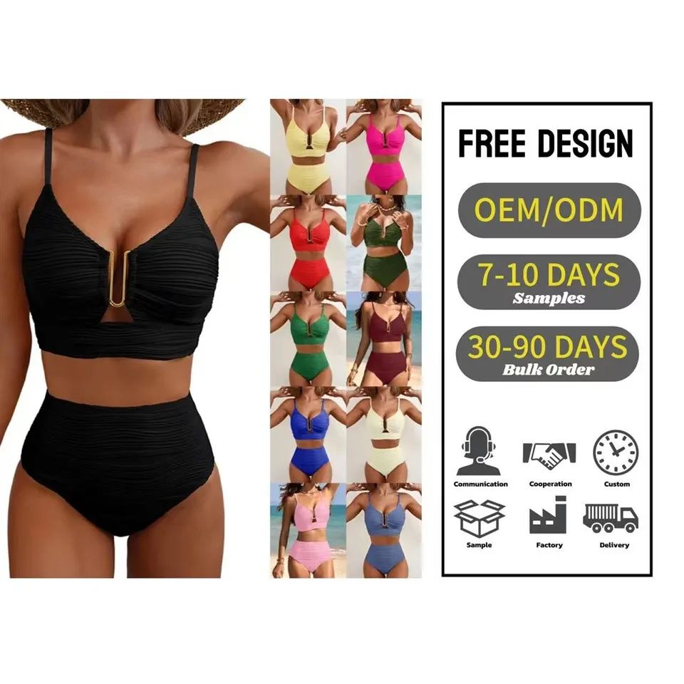 Solid Breathable Bikini V-neck Swimsuit