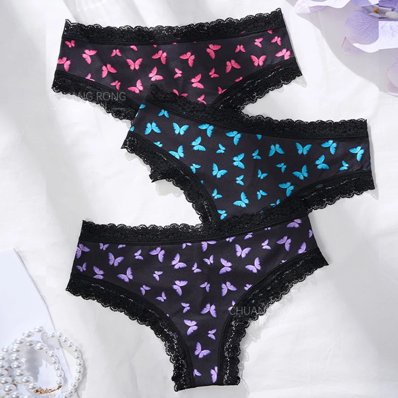Trendy Butterfly Print Lace Trim Seamless Women's Panties For Girls Comfort Wear
