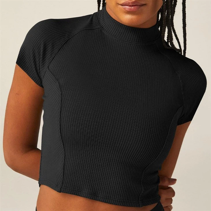 Women's Summer Crop Stand Collar Solid Color Yoga Top Wear